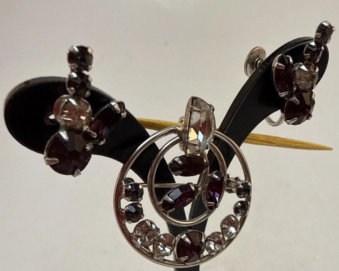 Vintage Earrings & Brooch Silver tone With Amethyst & Grey & White Rhinestone