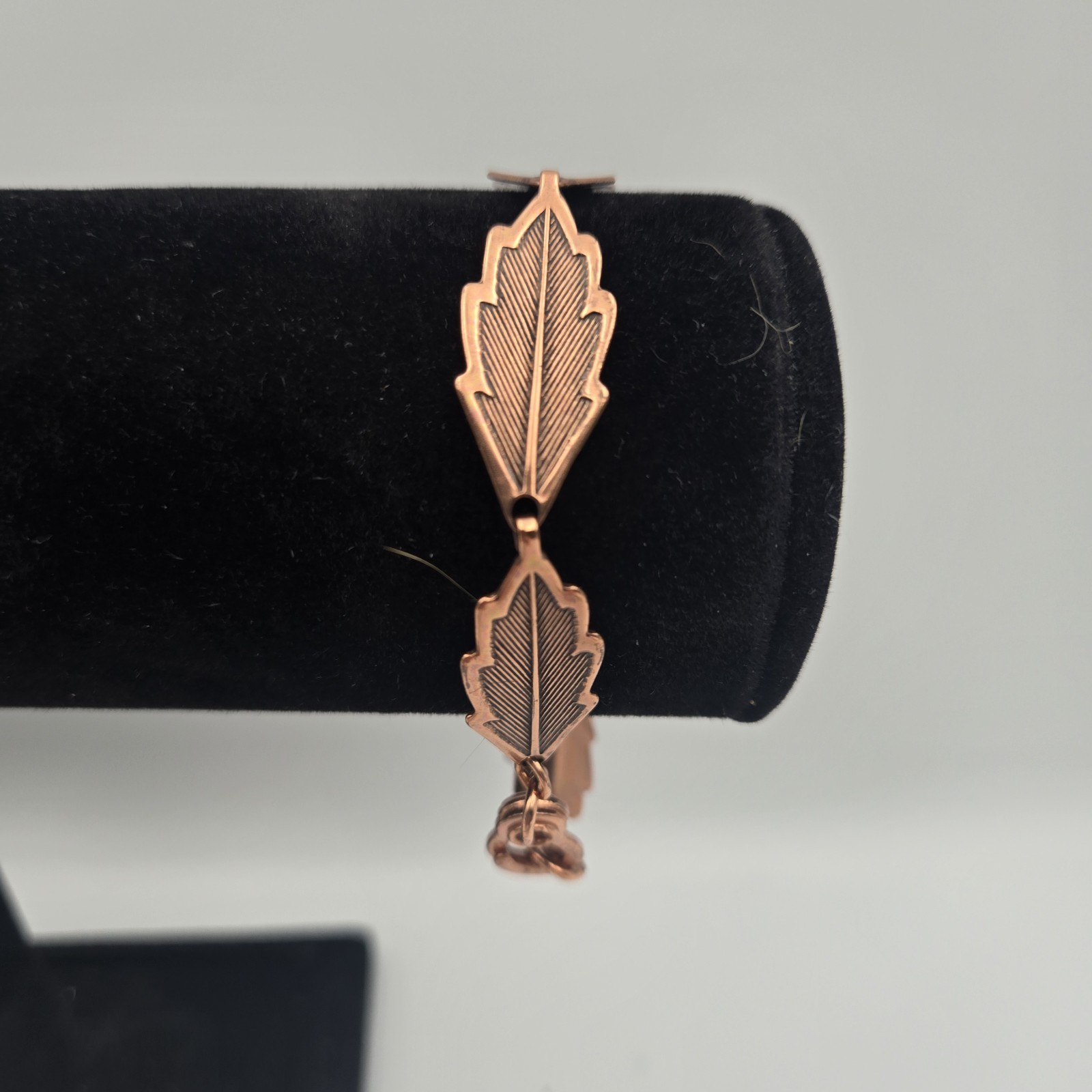 Vintage Copper Bracelet Etched Leaf Link Sister Hook Mid Century Modern MCM 8”