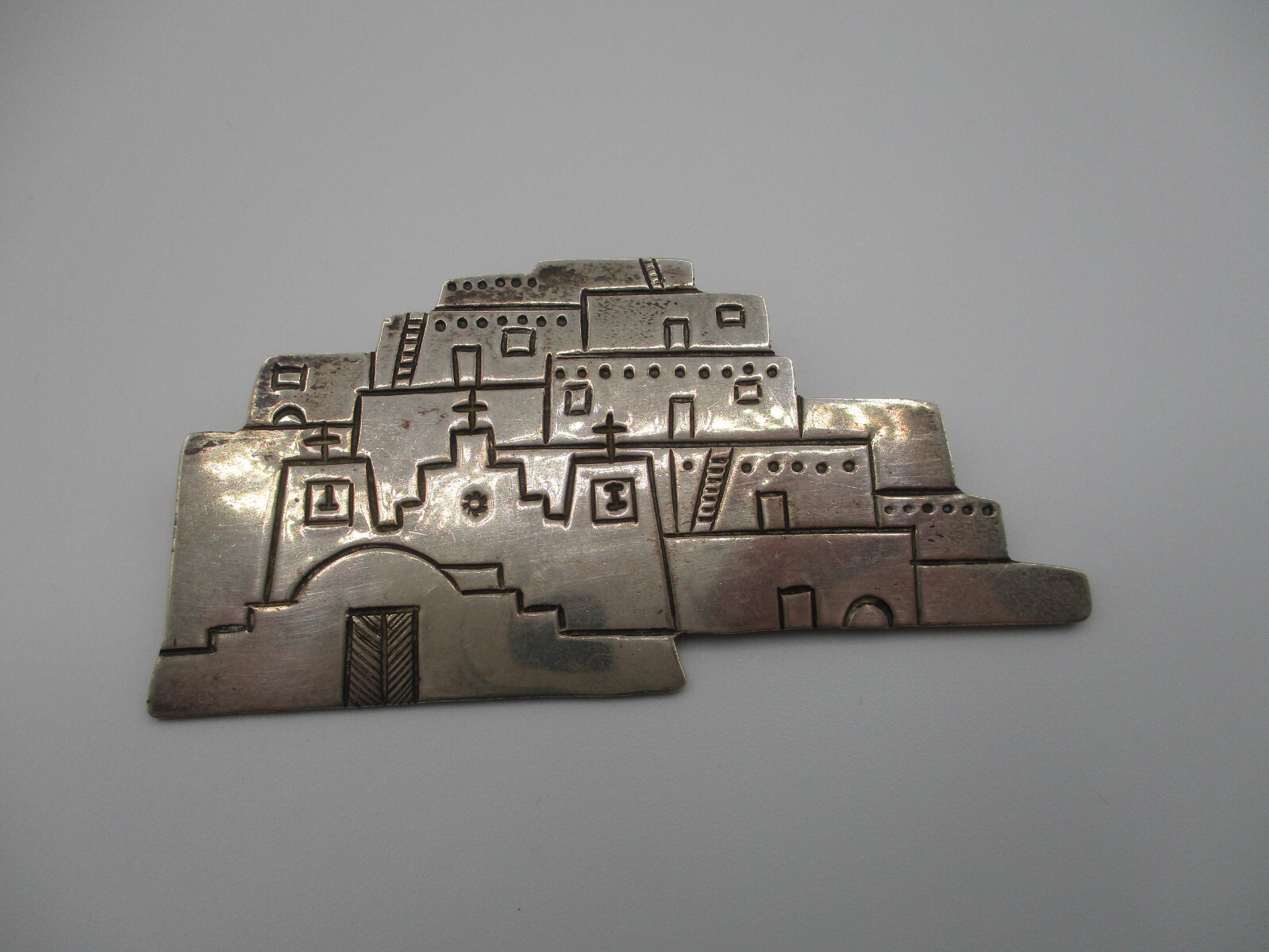 VINTAGE made in ISRAEL STERLING SILVER LARGE 3″ BROOCH with BUILDINGS