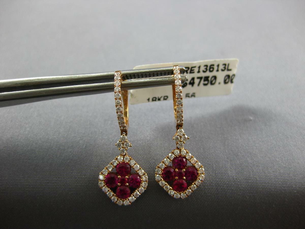 1.74CT DIAMOND & AAA RUBY 18K ROSE GOLD FLOWER SQUARE LEVERBACK HANGING EARRINGS