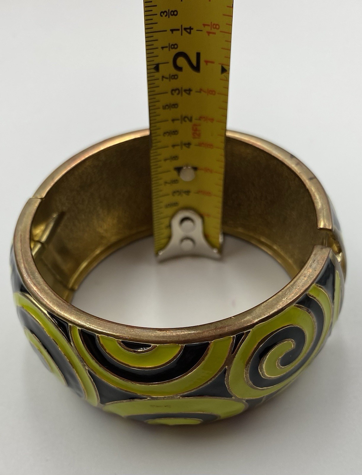 Clamper Bangle Bracelet Lime Green Enamel Swirls Chunky