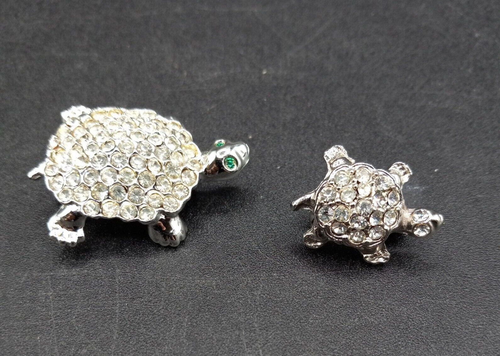 Set of 2 Vintage Silvertone Turtles with Clear Rhinestones