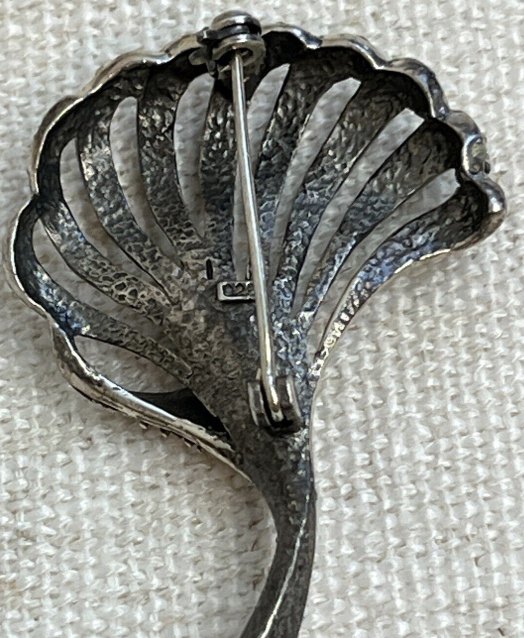 Floral 925 Sterling Silver & Clear Rhinestones Brooch Pin With Single Pearl