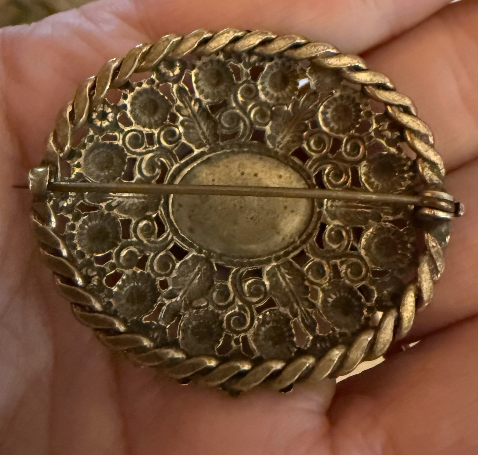 Victorian Brooch Brass Filigree Blue Yellow Flower Red Stone C Clasp Boho Czech?