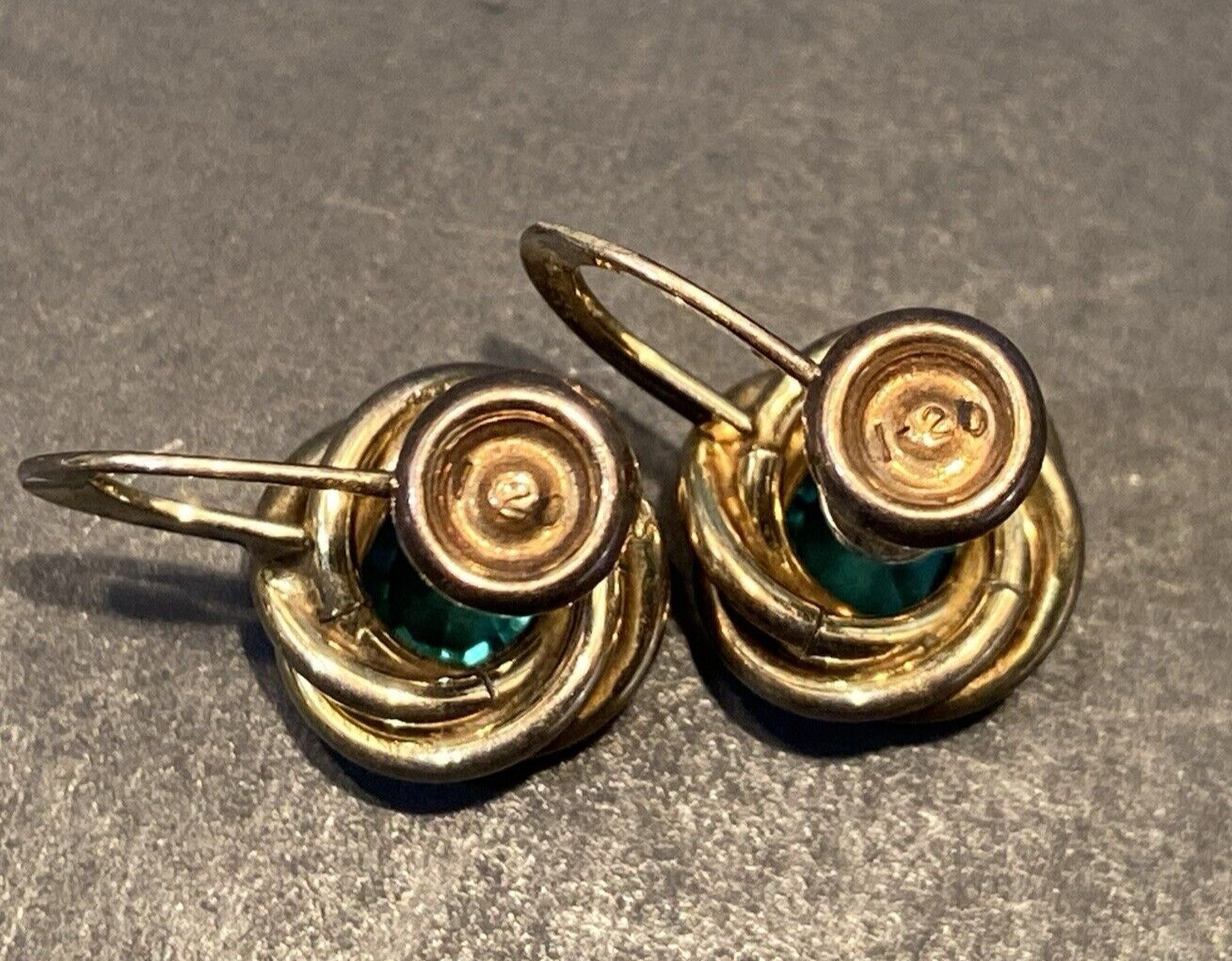 VTG AMCO Gold Filled 1-20 Sterling Silver Knot Earrings Green Glass Screw Back