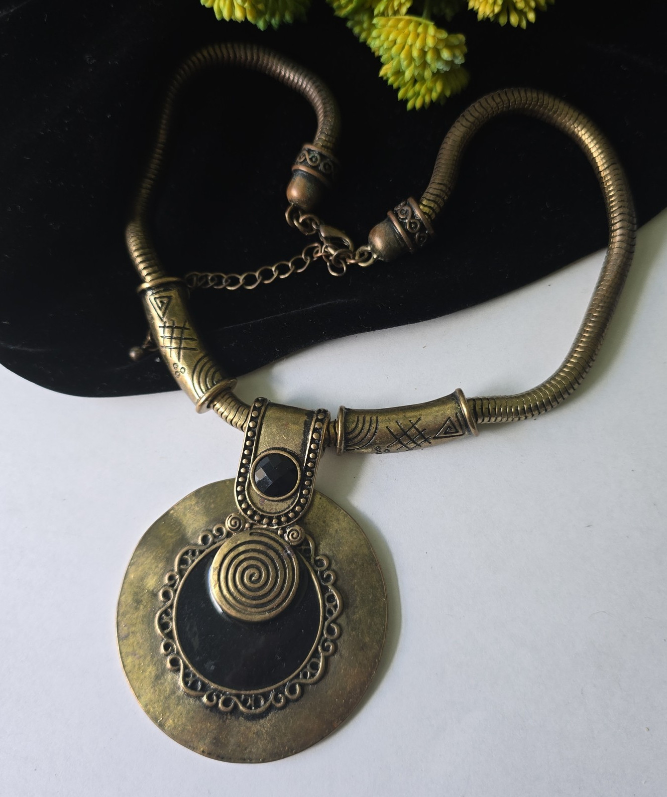 Vintage Bronze Tone Boho Etruscan Style Pendant Chain Necklace 20″L