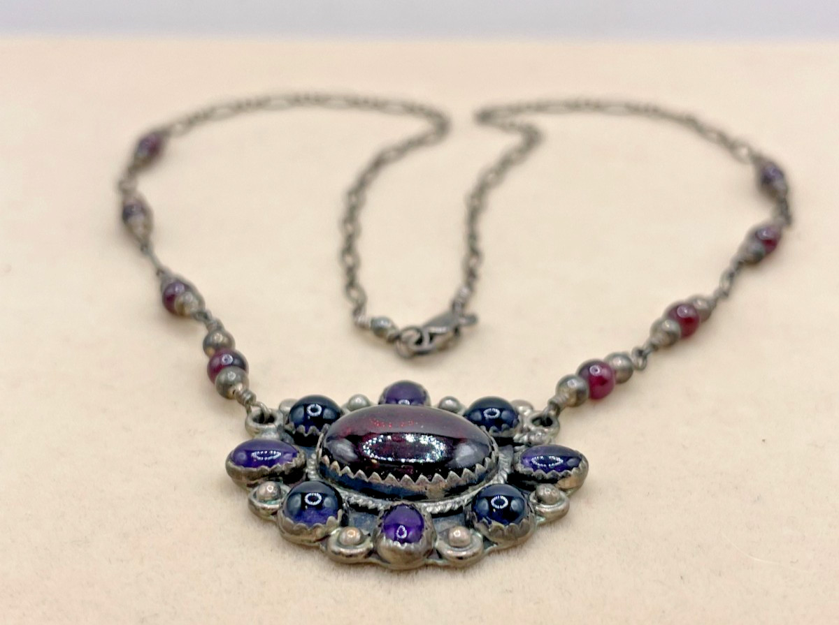 VTG Garnet & Amethyst cabochon Sterling Silver pendant bead chain necklace 12g