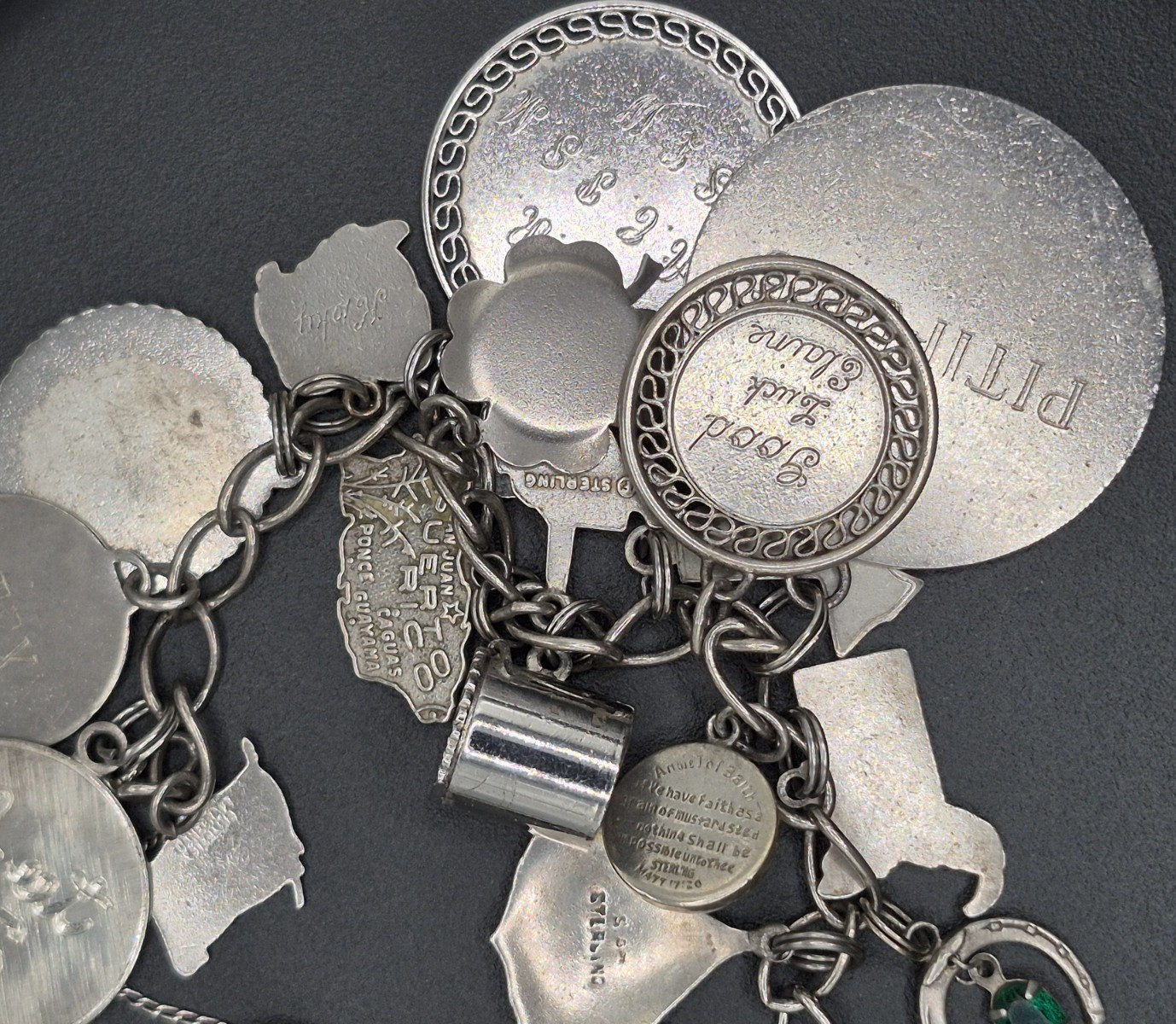 Vintage Sterling Silver LOVE Charm Bracelet w/ 23 RARE Charms 7–Dates 40’s-60’s