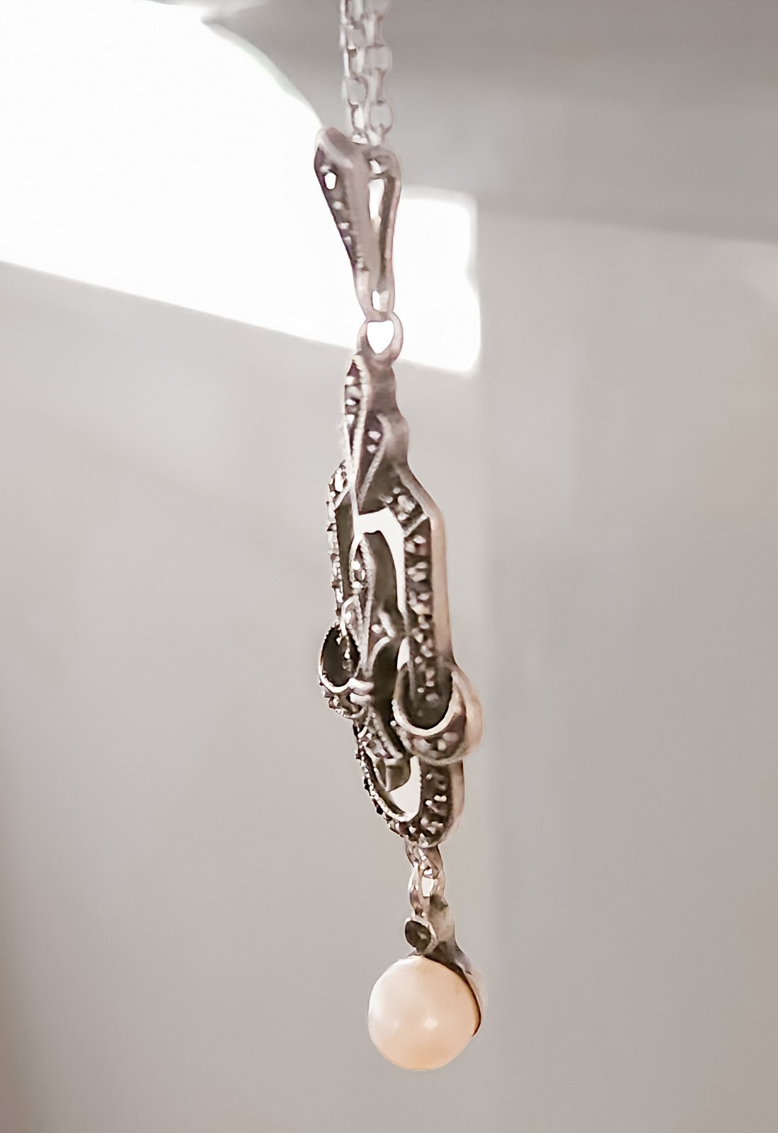 Antique Art Deco 935 Silver Marcasite & Pearl Pendant Necklace 18″, Pristine