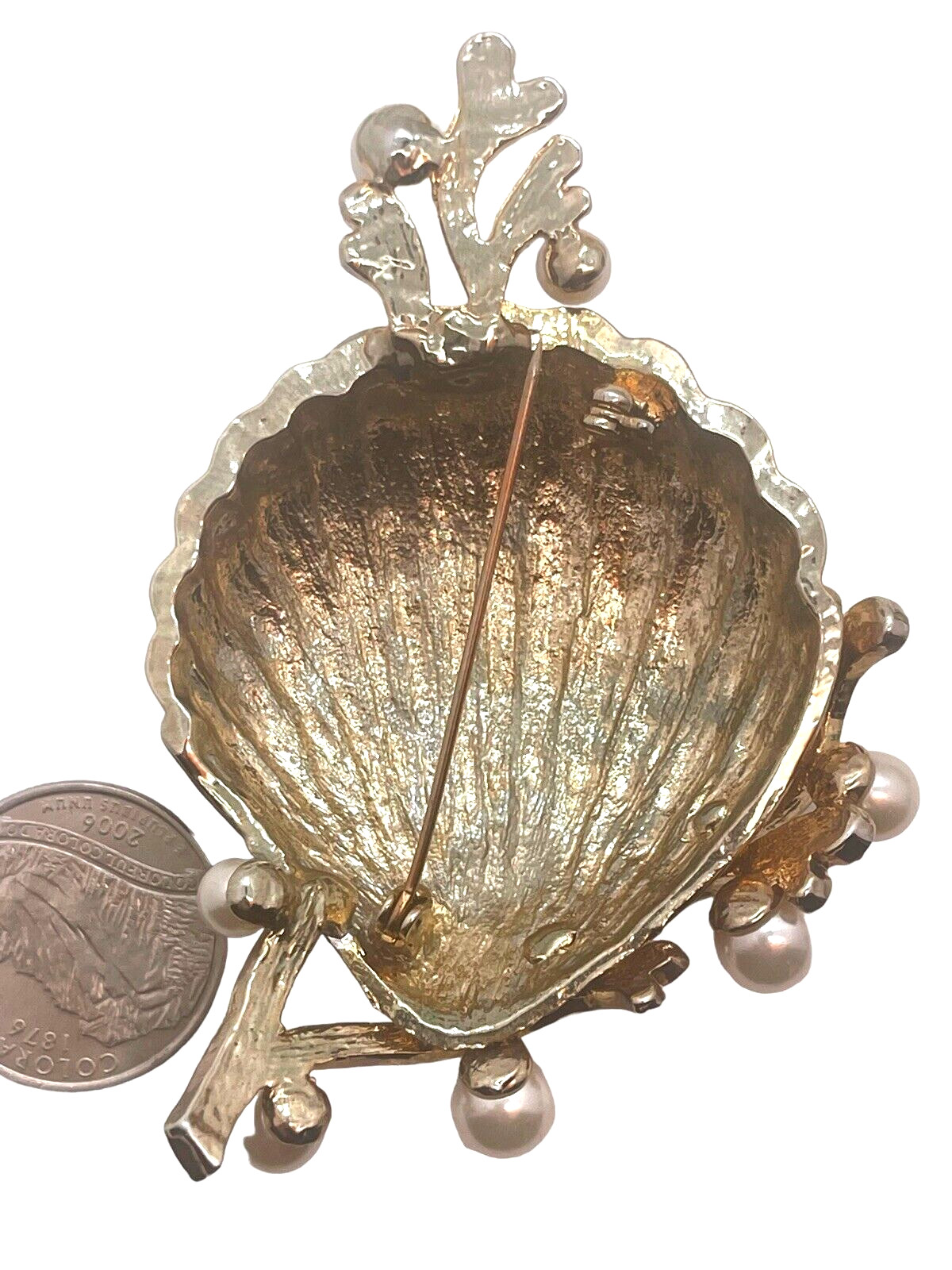 Under The Sea Huge Figural Shell & Rhinestone Embedded Coral Vintage Brooch!