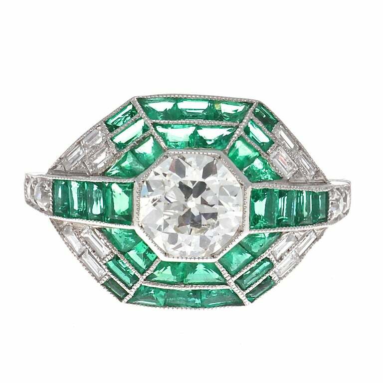 Featuring a 0.96CT Old European Cut CZ With Vivid Green Emerald 1.86CT Deco Ring