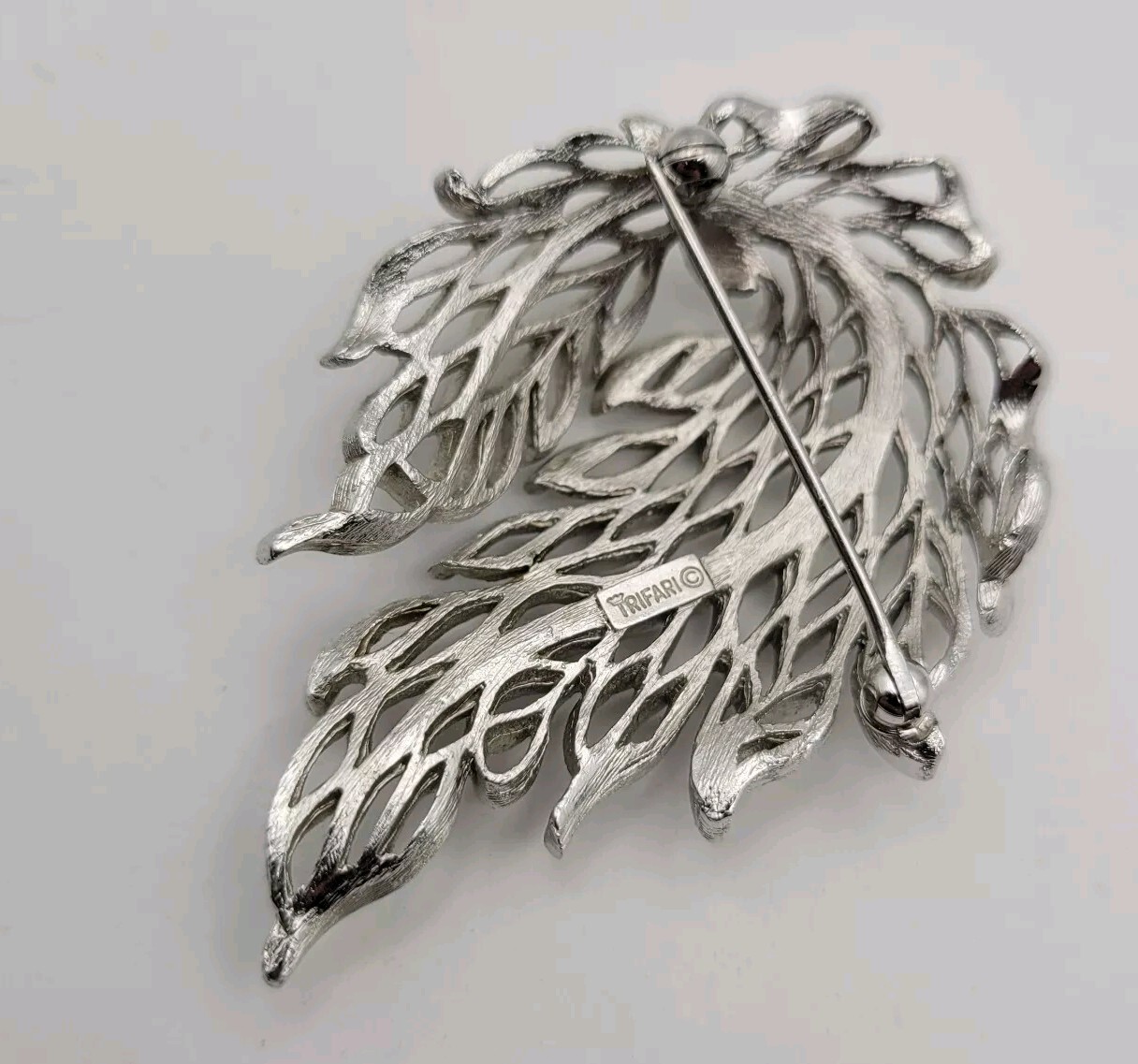 Vintage Crown Trifari Brooch Silver Tone Nature Leaf Swag Matte Polished Signed