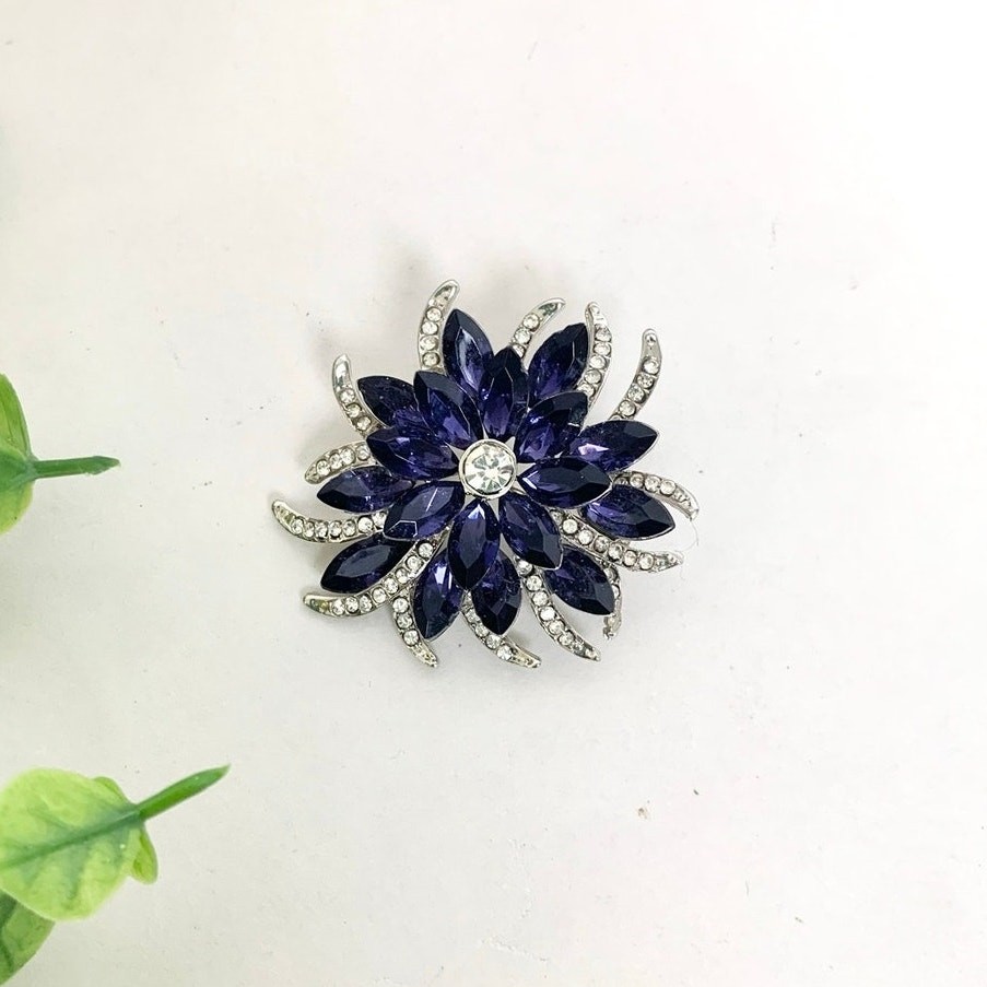 Vintage Blue Violet Rhinestone Flower Brooch Silver Statement Pin Mid Century