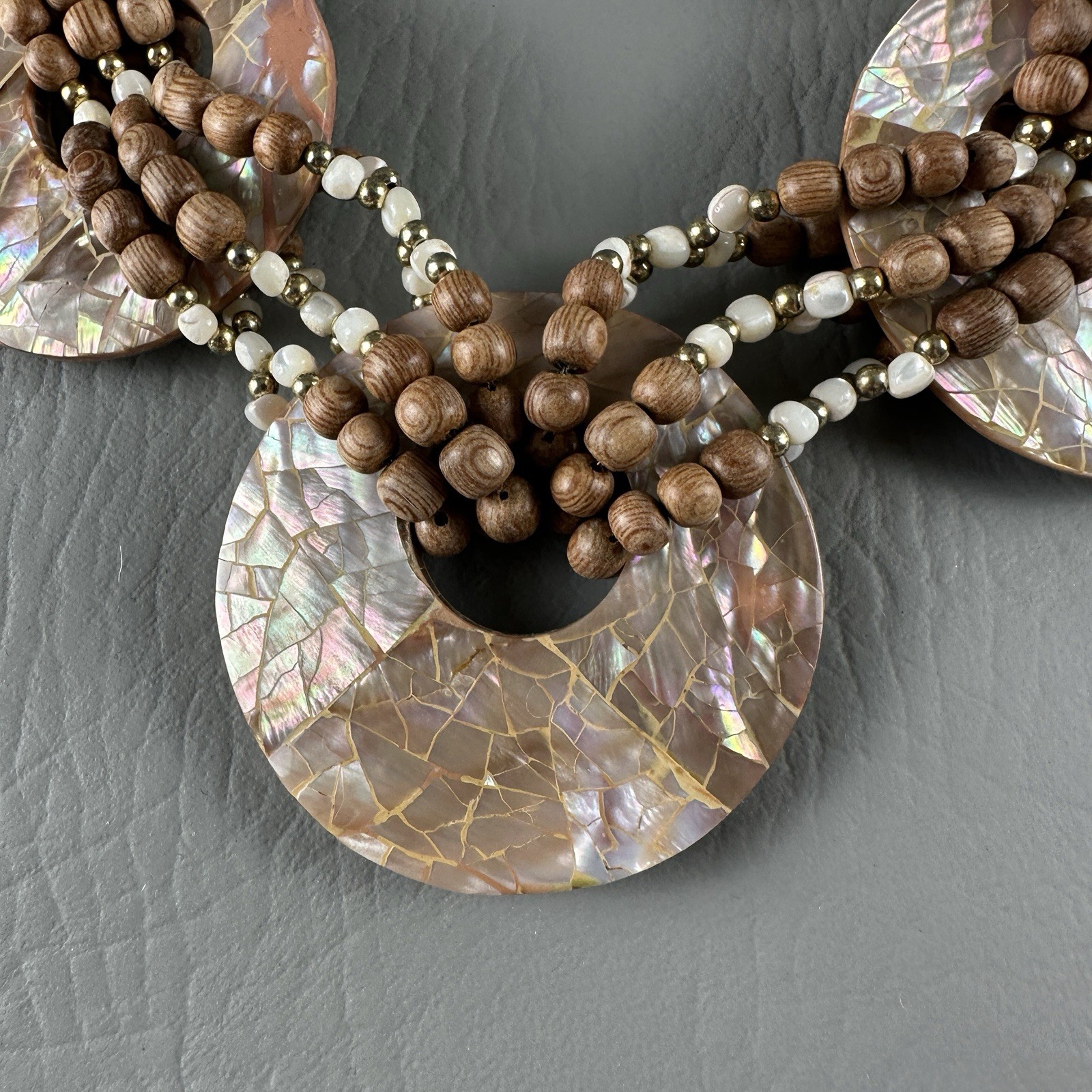 Vintage Mother of Pearl Necklace Bead Statement Multi Strand Disc 23″