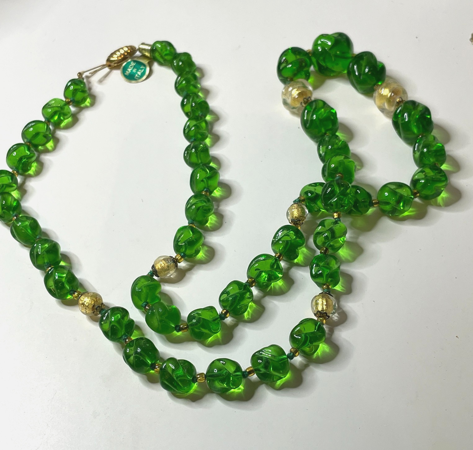 Vtg MURANO Chunky Glass Bead Necklace w Tag Handmade Italy Green Gold Foil NWT