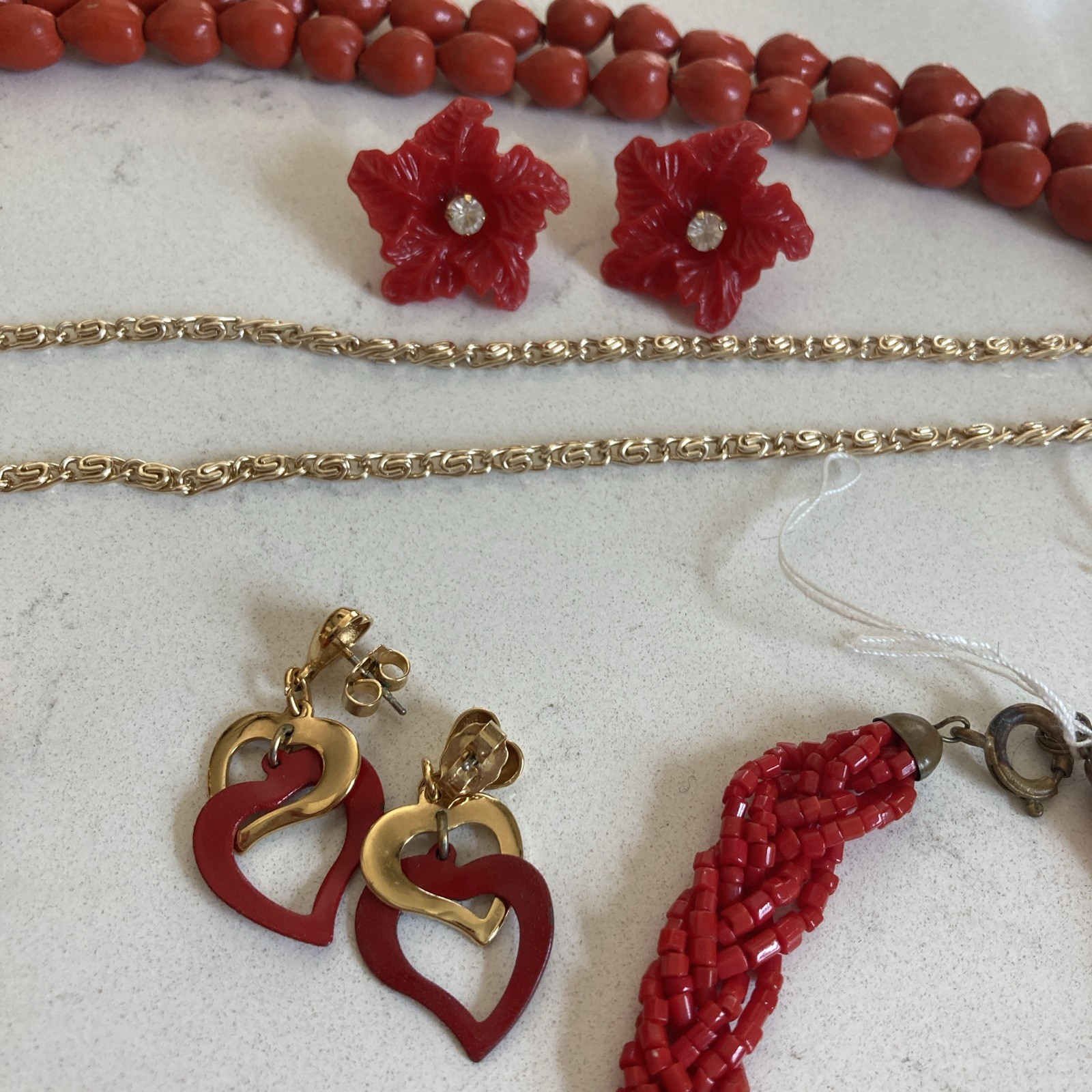 Vintage Red Orange Jewelry Lot Glass Bead Necklaces Earrings Sead Beads Pendant
