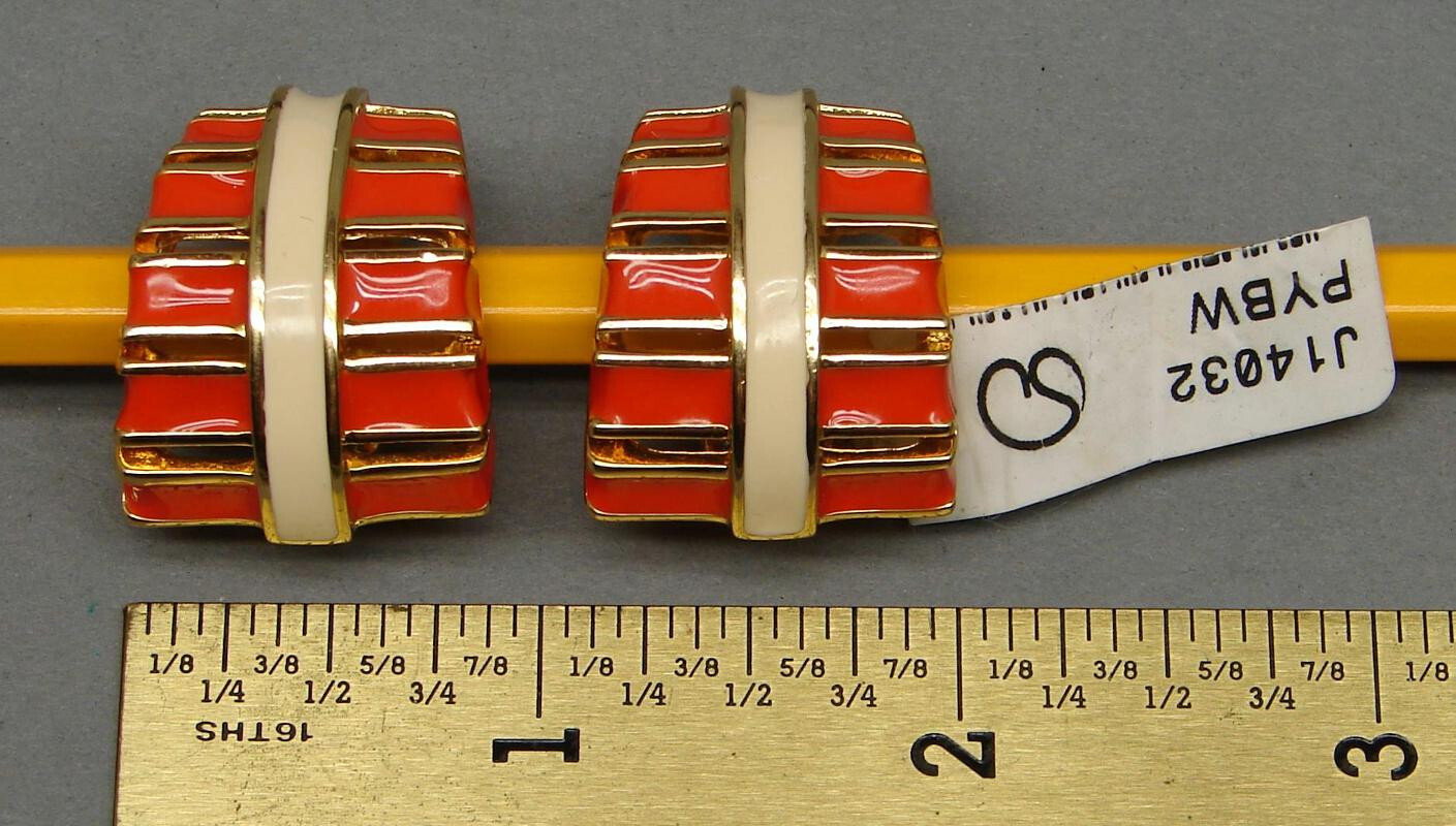 Vintage ST. JOHN Egyptian Motif CLIP-On EARRINGS Orange & Cream ENAMEL Gold-Tone
