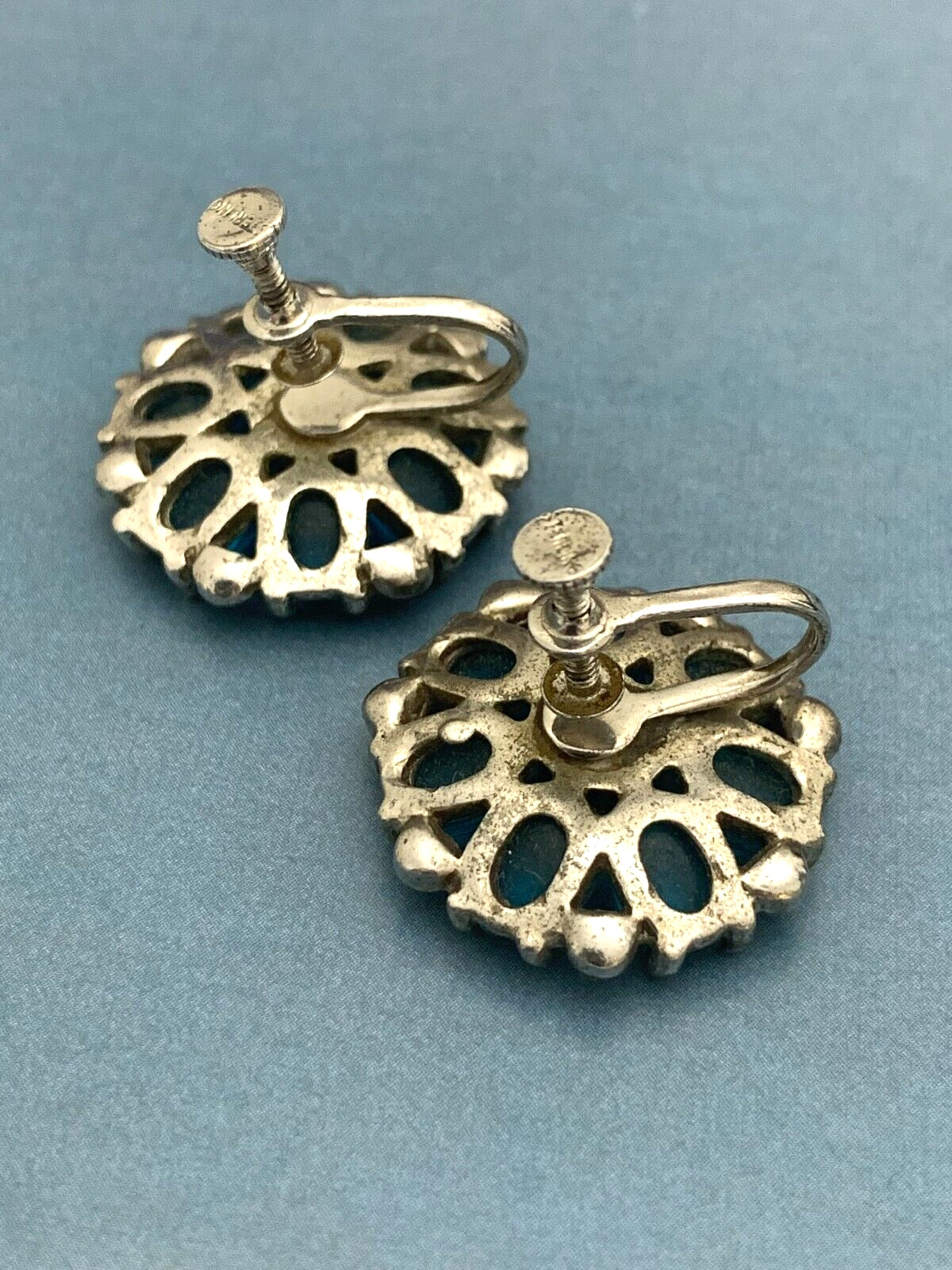 Vintage Sterling Silver 925 Earrings Gripoix Blue Glass Cabochons Screw Back