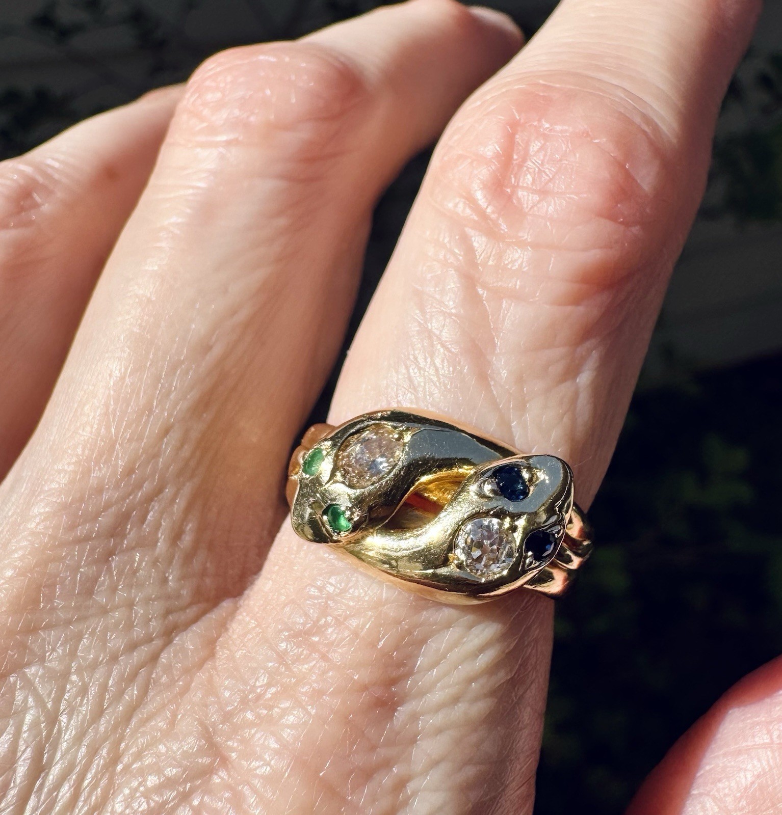 Antique Victorian 18K Gold Diamond Sapphire Emerald Double Snake Ring Sz 7.75 8g