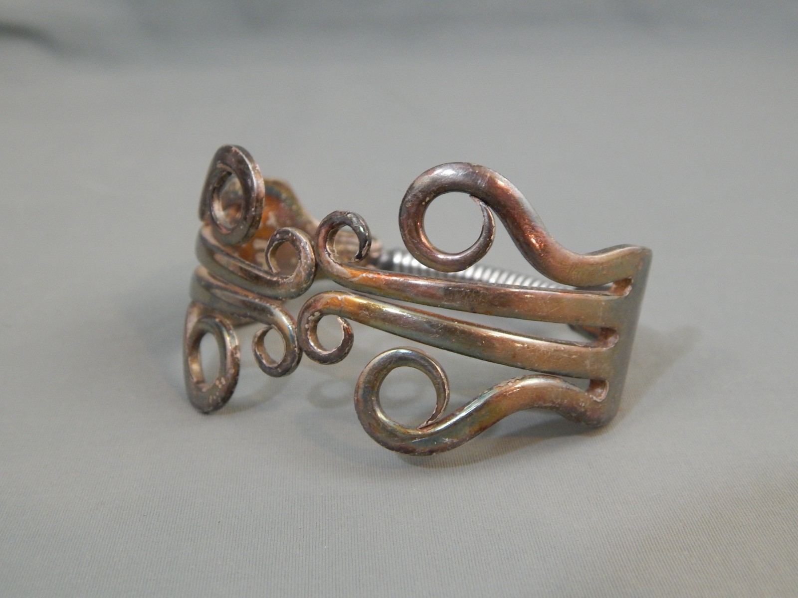 Vintage Hand Crafted Silver Plate Folk Art Double Fork Clamper Cuff Bracelet