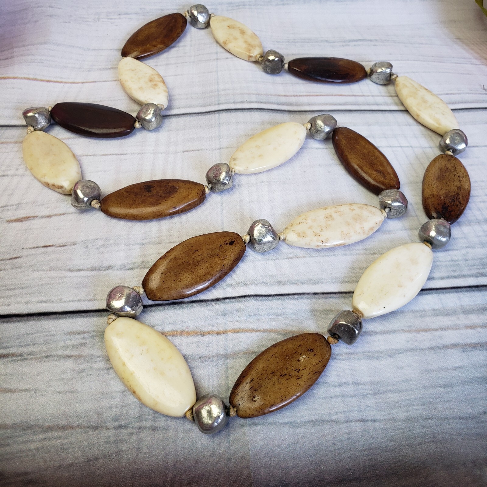 Artisan White & Brown Beaded Long Silver Tone Necklace