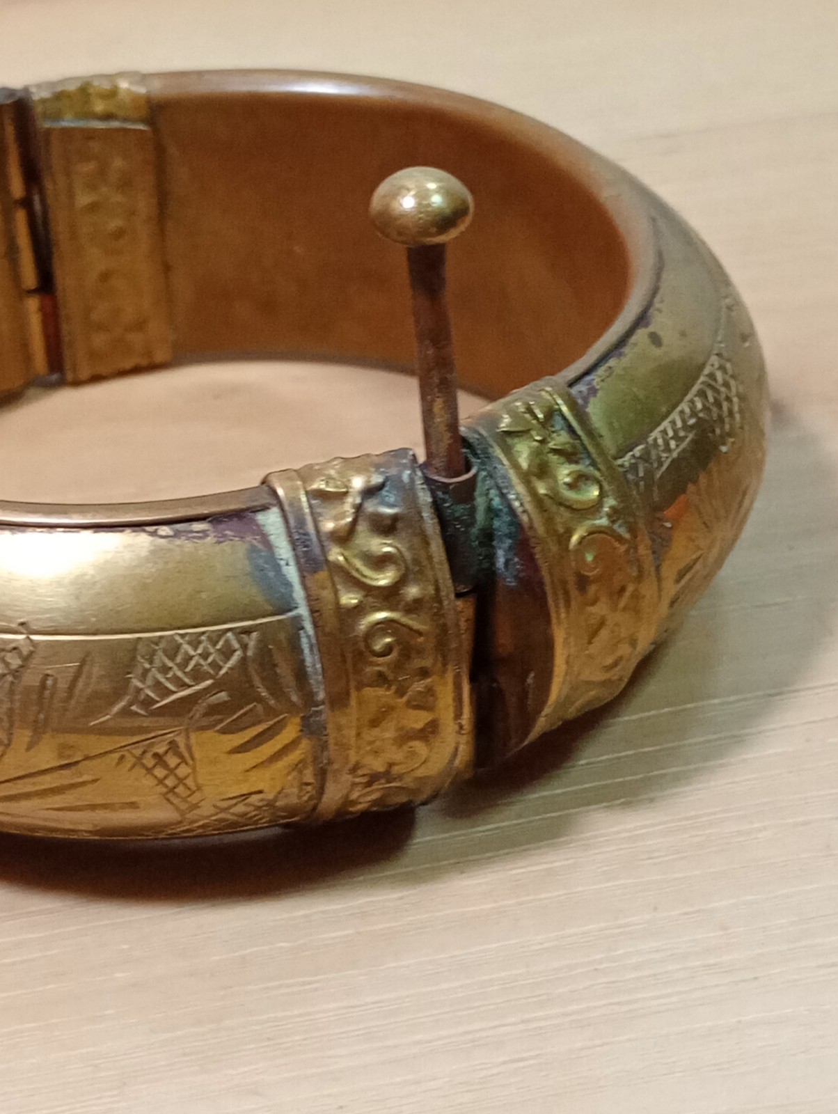 Vintage hinged brass bangle bracelet with etchings/ pin closure Morocco Or India