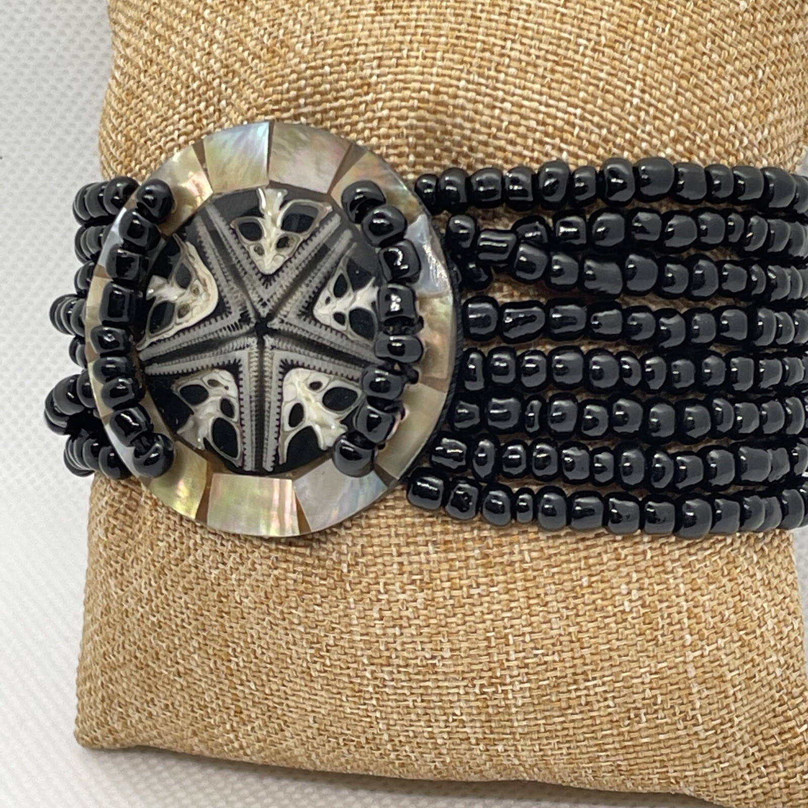 Starfish Stretch Cuff Bracelet MOP Mother Of Pearl And Black Seed Bead