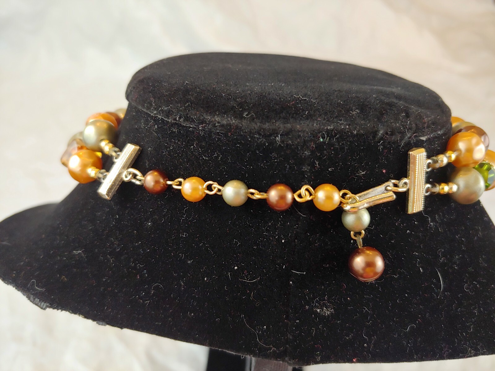 Vintage MCM 1950s Peach Gold Green Brown Bead Costume 2 Strand Necklace VGUC!