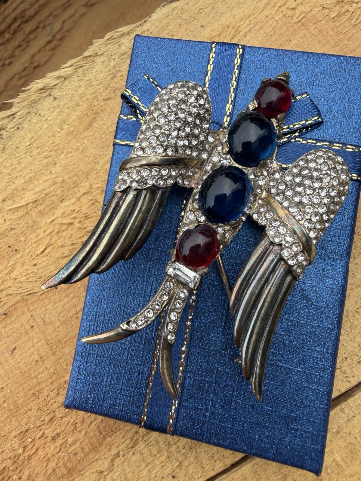 Crown Trifari Signed Huge Bird Brooch Pin Red Blue Glass Stone Rare
