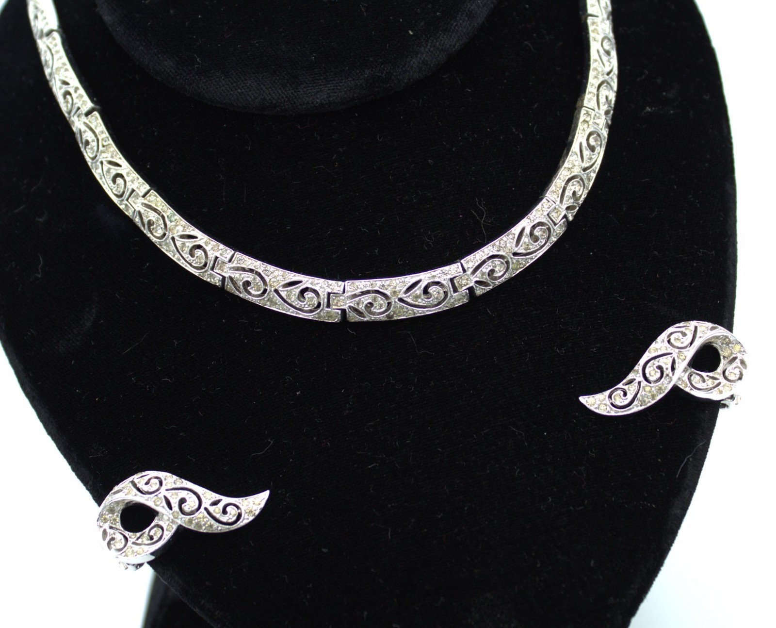 Panetta 1940s Cutout Scroll Rhinestone Necklace Clip Earring Set; Book Reference