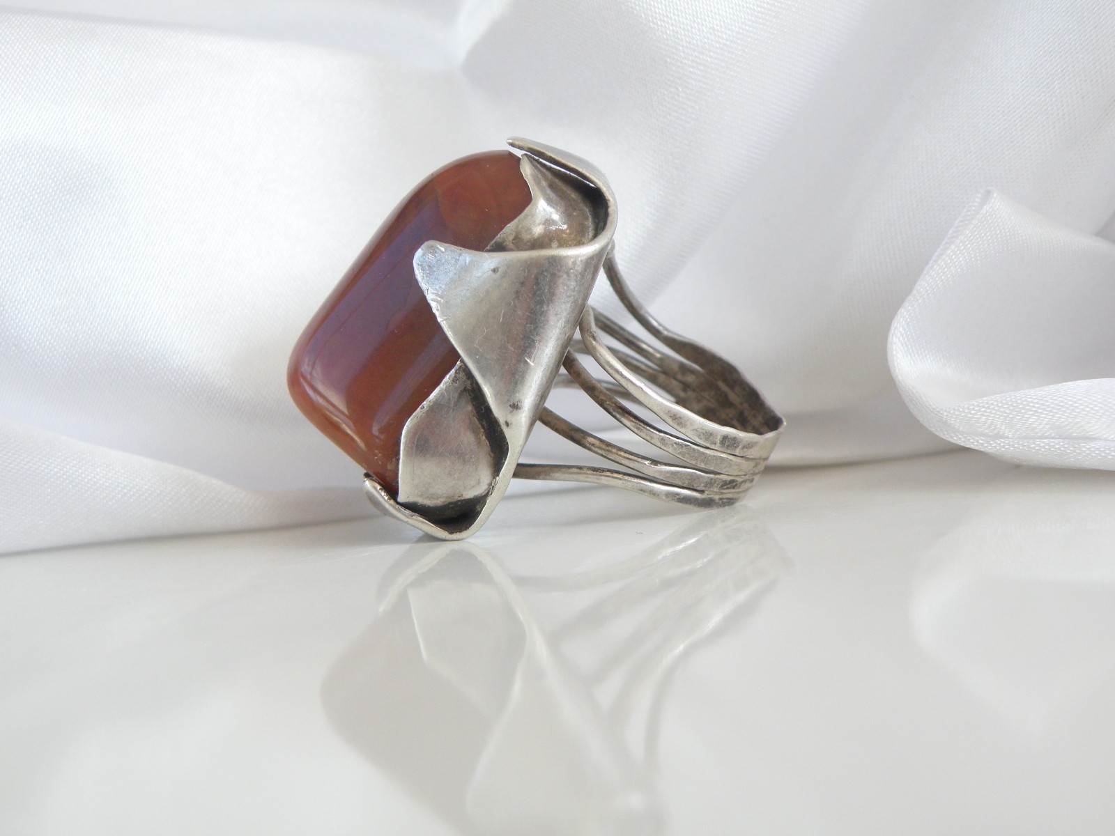 Vintage Sterling Silver 925 Banded Agate Brutalist Modernist Statement Ring 7