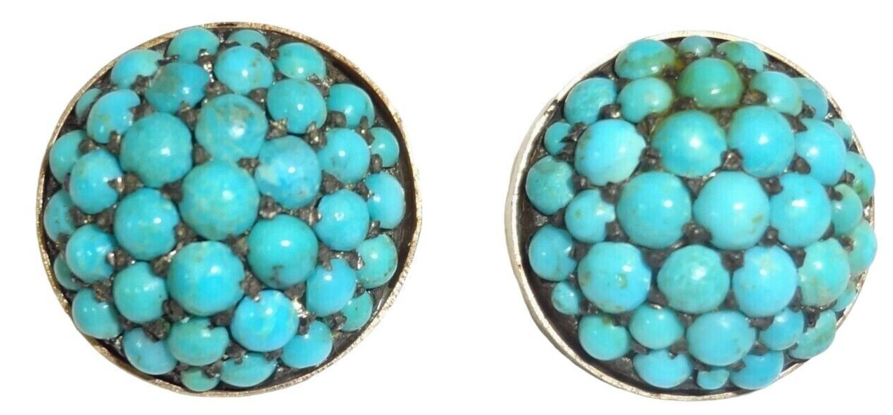 Antique 14K Gold Persian Turquoise Cluster Round Clip Earrings 18.2 Grams!