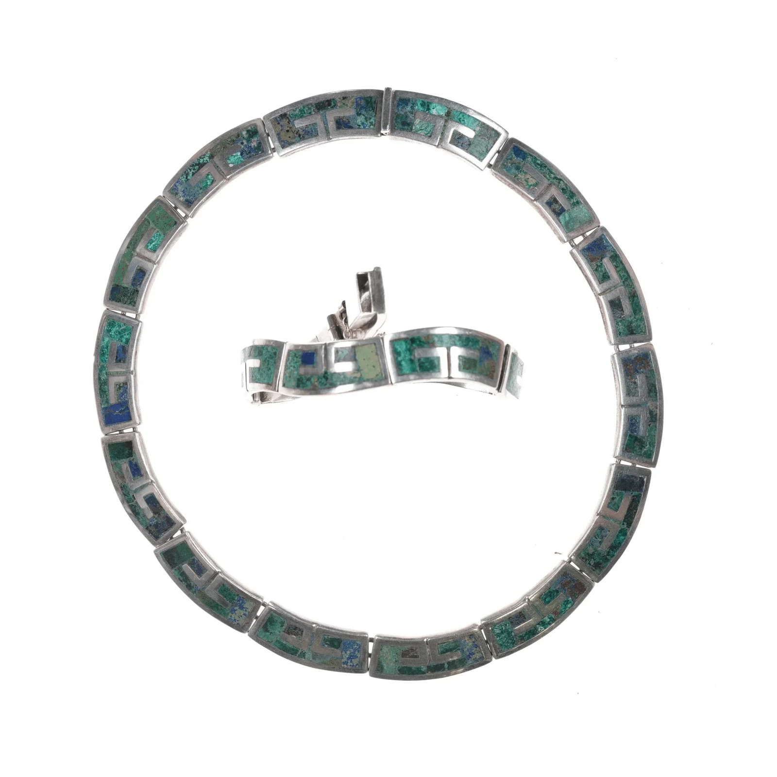 1950’s Los Castillo Sterling chrysocolla inlay 14″ choker necklace 7″ bracelet