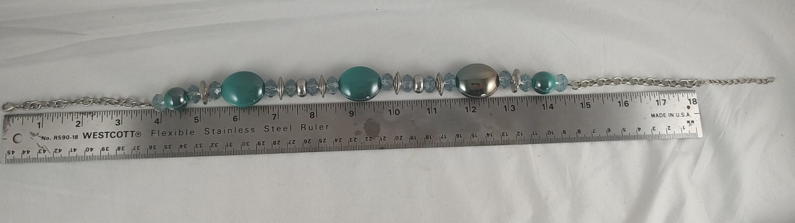 Vintage Iridescent Teal Bead Necklace Faceted Lt Blue Beads Metal Rondelle 20″