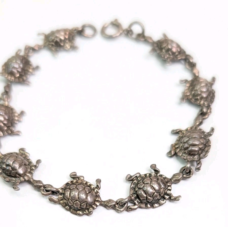 Turtles In A Row Bracelet Sterling Silver 7.75″ Turtle Link Tortoise Gift 11gram
