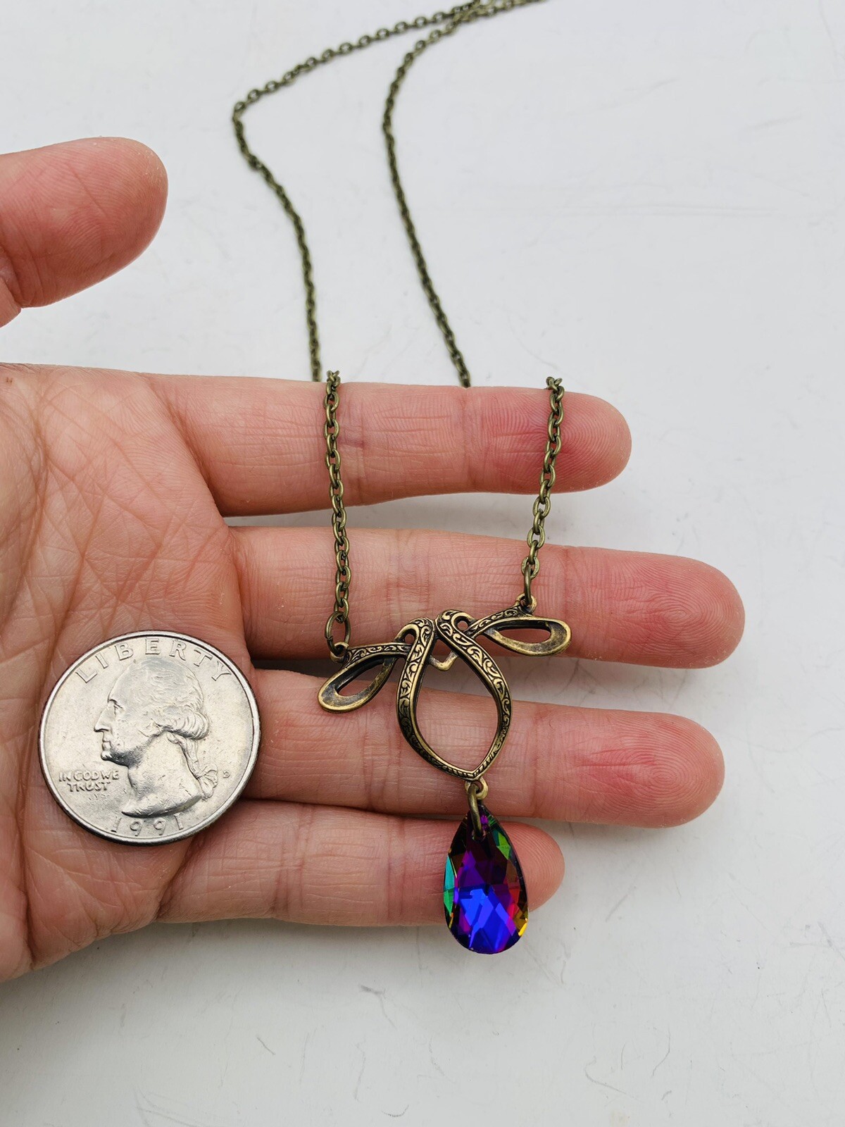Vintage Style Art Nouveau Bronze Tone Rainbow Teardrop Bead 18 in Necklace