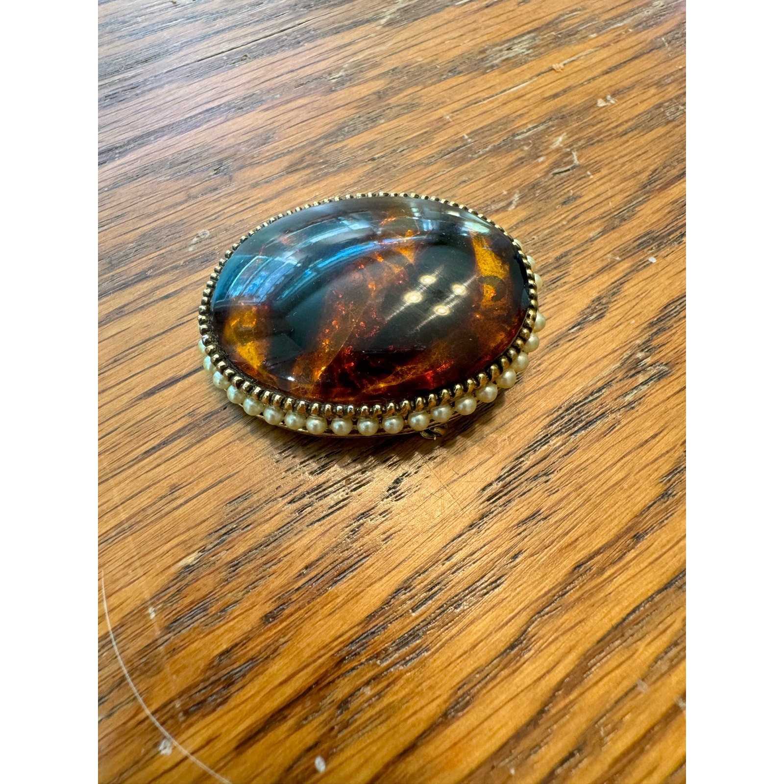 VTG Brooch Pin Gold Tone Honey Amber Murano Style Pearls Costume Jewelry Damage
