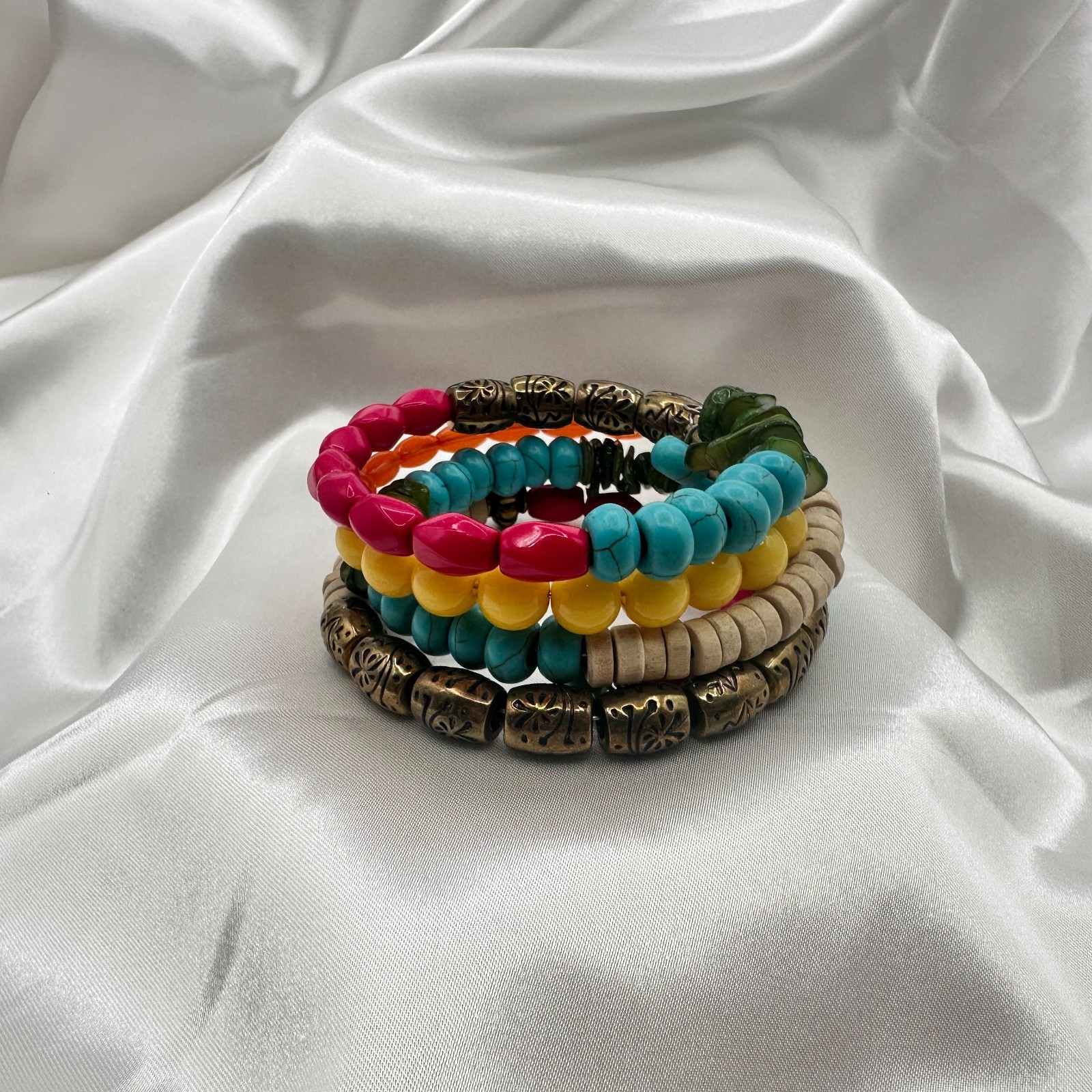 Vintage 90s Multi-Strand Wrap Bracelet Colorful Glass Wood Metal Bead Jewelry