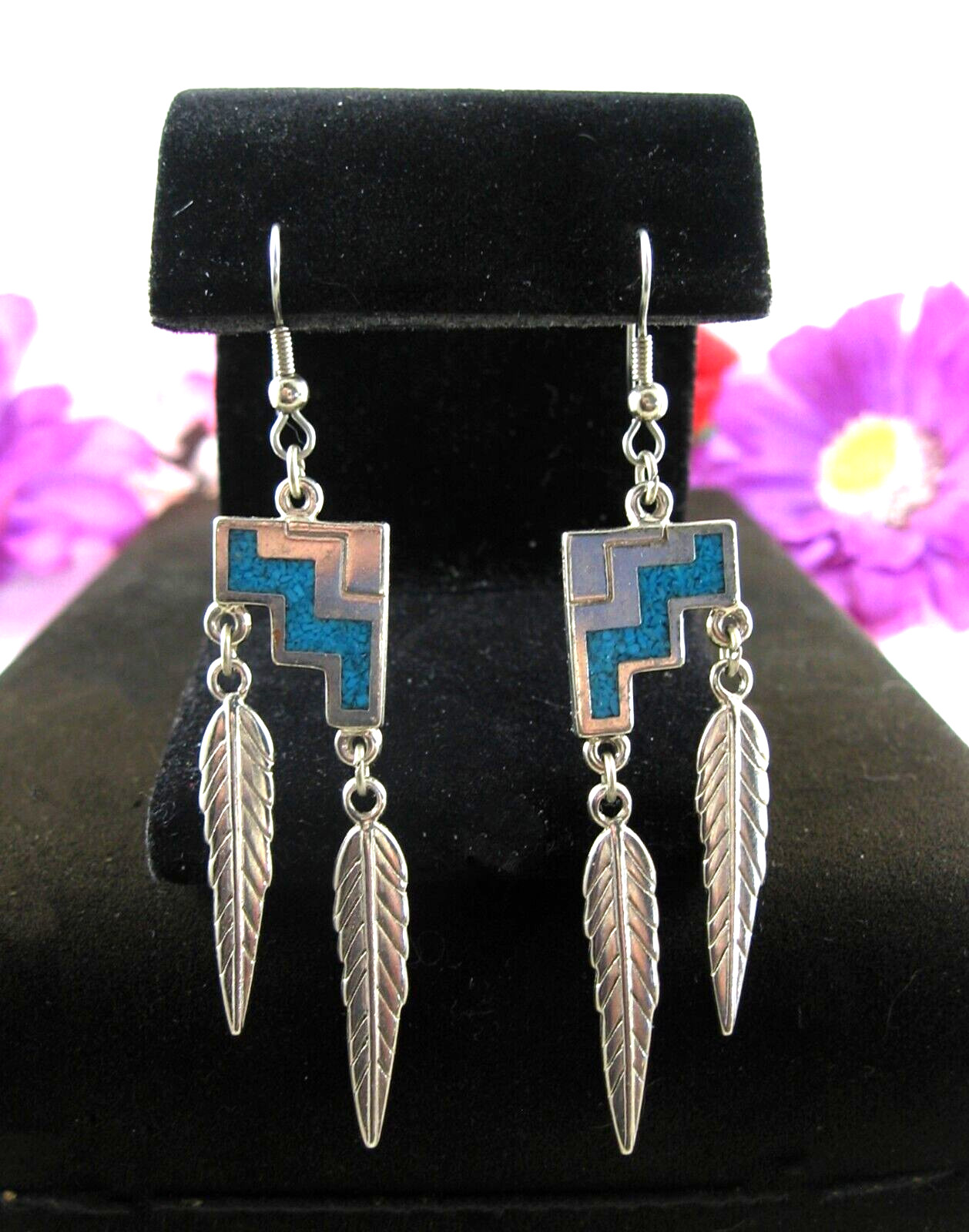 TURQUOISE CHIP Dangling FEATHER EARRINGS Vintage Pierced SW 92 Silvertone 3″