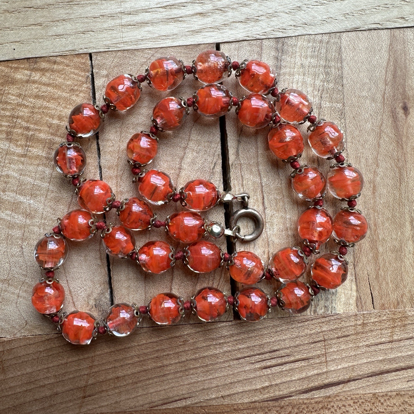 Vintage Beaded Necklace 17.5 in Venetian Murano Art Glass Cased Red Orange Gold