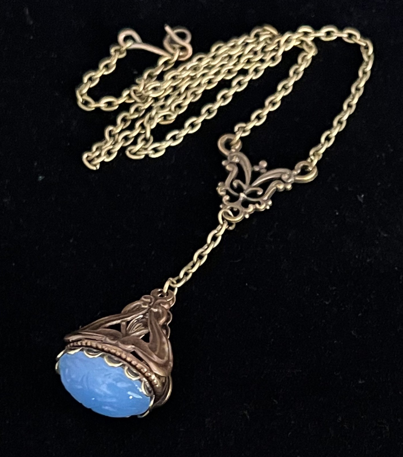 Vintage Necklace Art Nouveau Brass Watch Fob Pendant W/ Egyptian Scarab