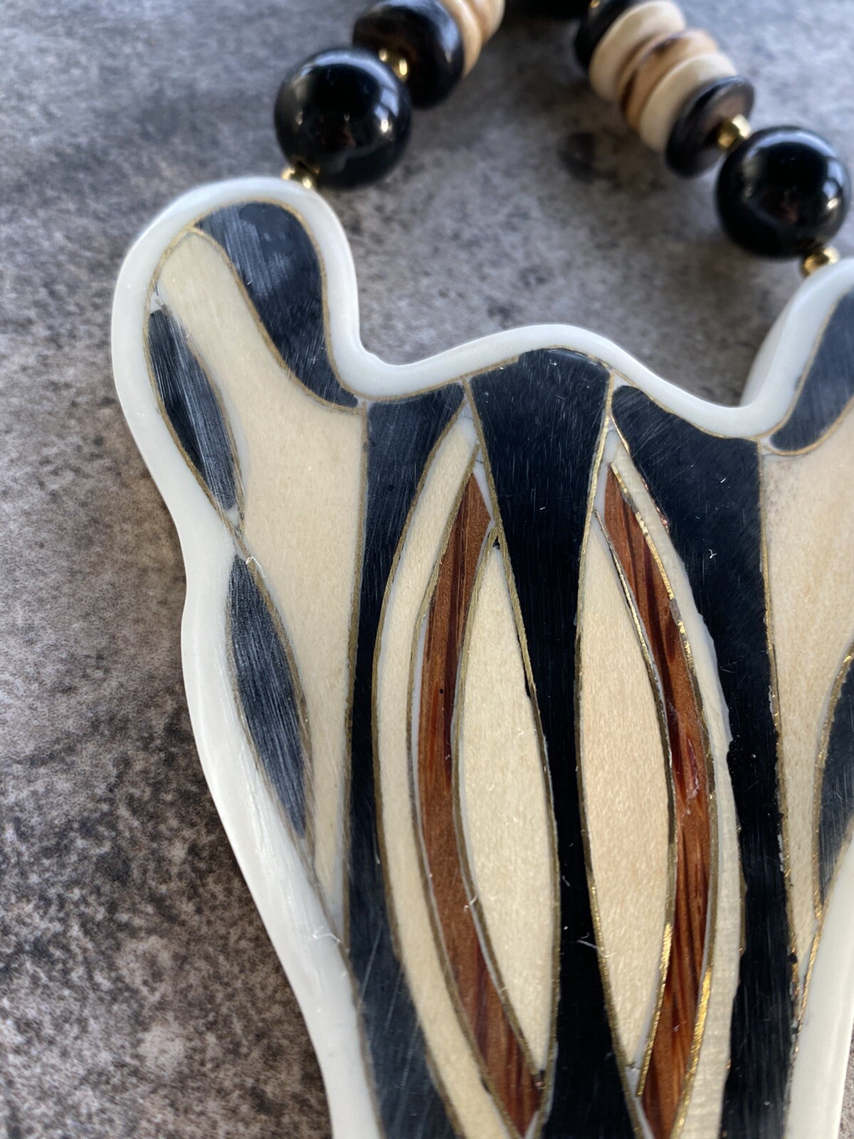 Lee Sands Necklace Zebra Wood Inlaid Beaded Africa Safari VTG Animal Estate