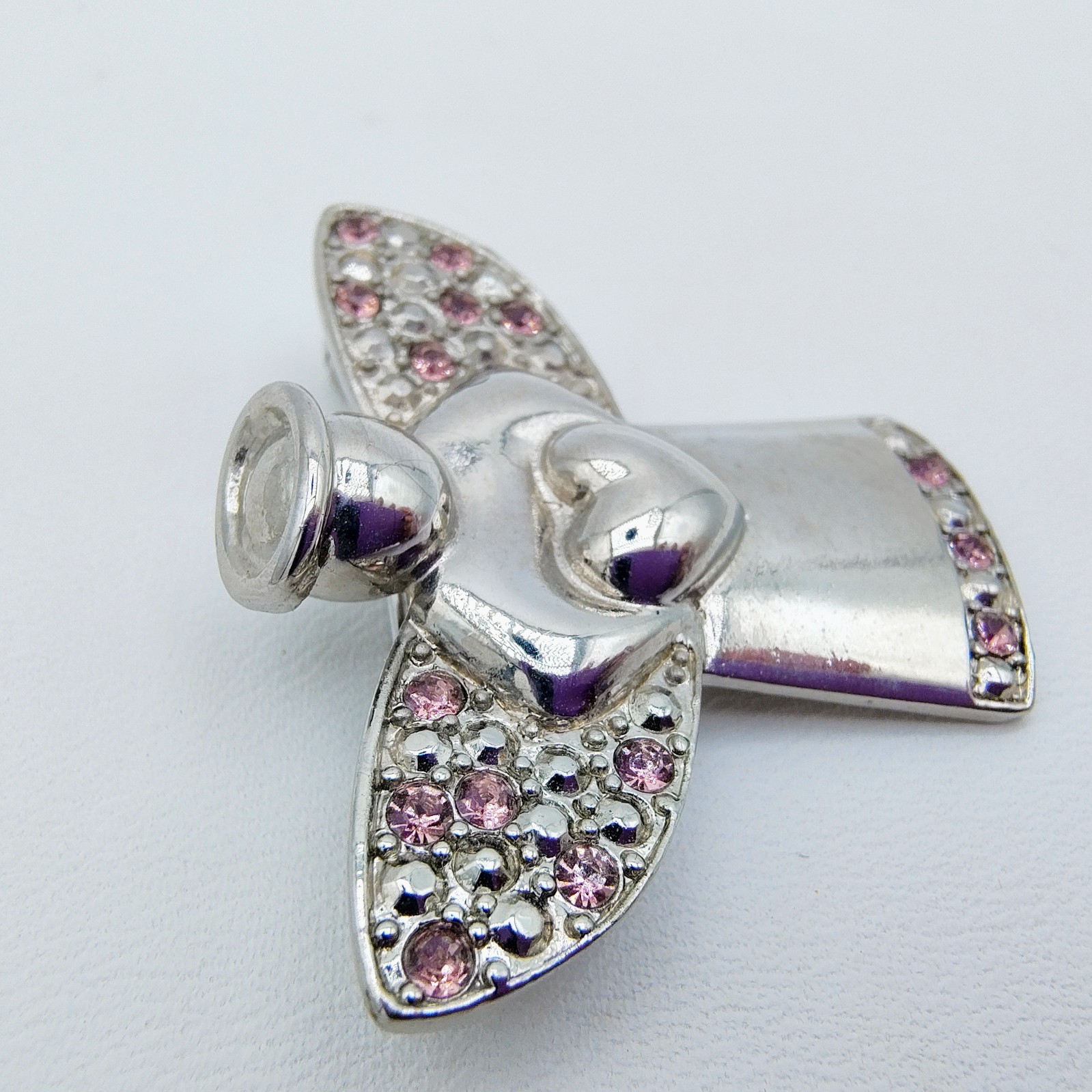 Vintage Angel Holding Heart Brooch Silver Tone Pink Rhinestone Guardian