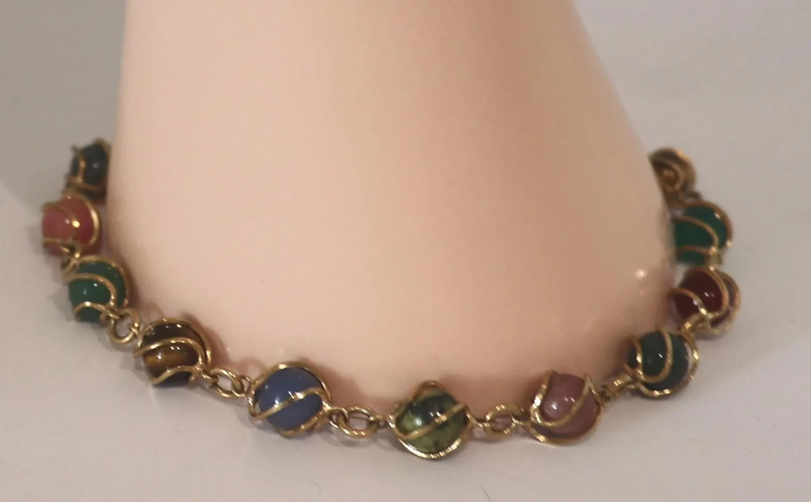 Vintage 12k Gold Filled Real Stone Bracelet Tigers Eye Carnelian Agate Jade