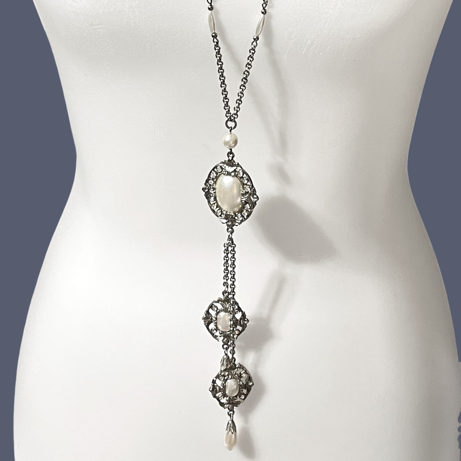 Vintage Y Drop Necklace Imitation Pearl Cabochon Dangle Charm Victorian Style