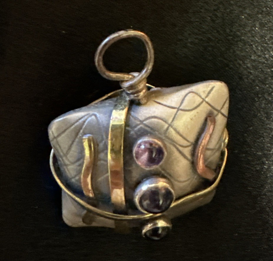 SMB Artesian Signed Sterling Silver, Multi-Metal & Gem 3-D Pendant 1”square