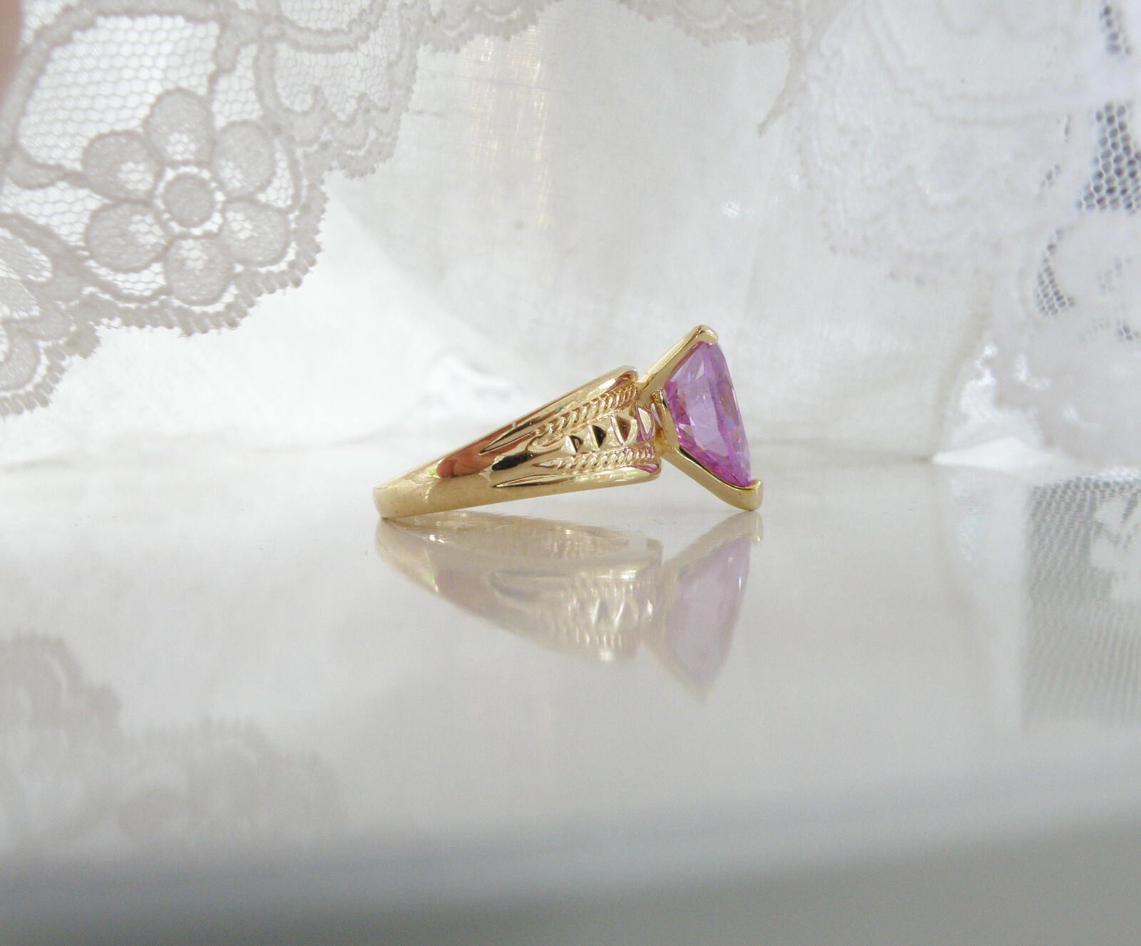 Vintage Sterling Silver 925 Gold on Pink Purple CZ Large Ring Size 10