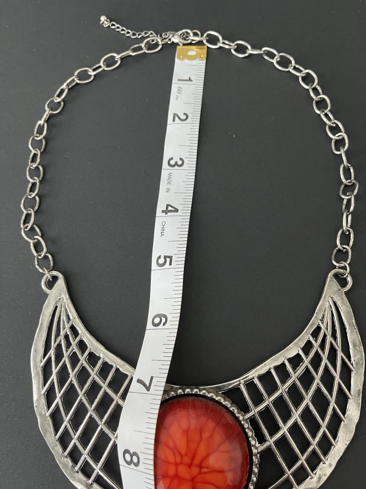 Brutalist Necklace Art Nouveau Inspired Hammered Lattice Bib Swirl Cabochon MCM
