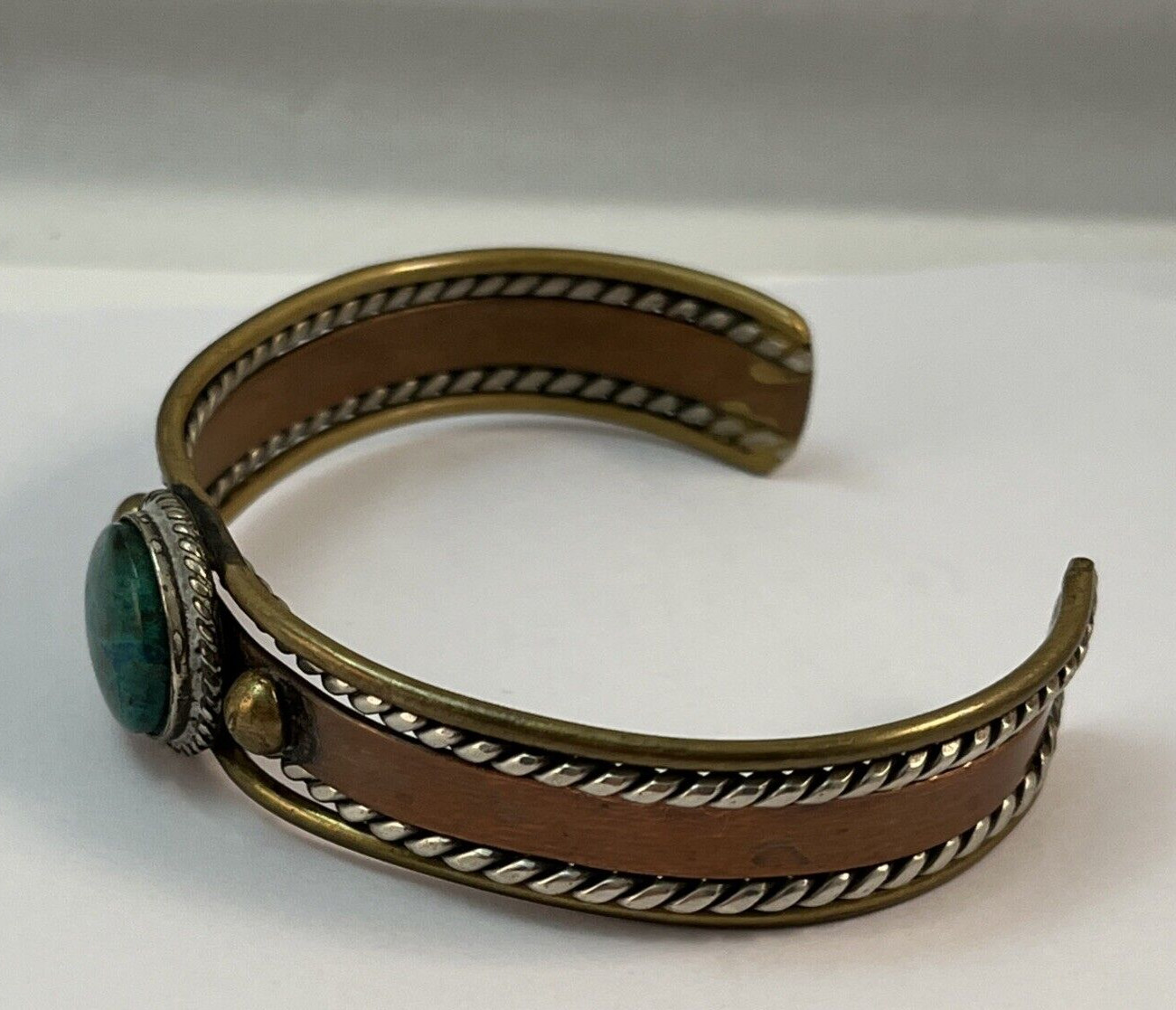 Copper Brass Silver Mixed Metals Green Malachite Cuff Bracelet Rustic READ