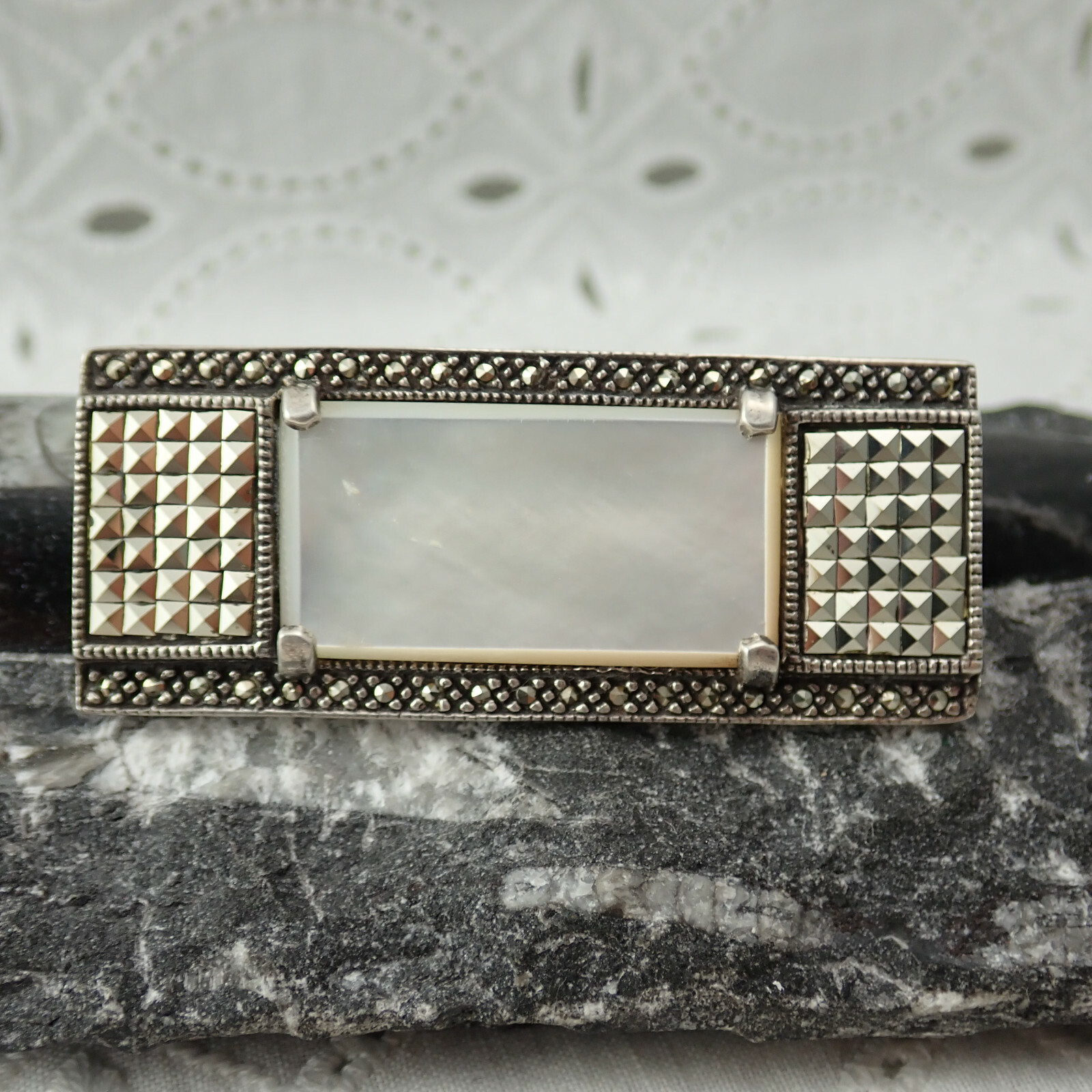 VTG 1970’s Art Deco Influence MOP Marcasite Bar Sterling Pin Brooch